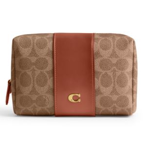 Coated Canvas Signature Essential Cosmetic Pouch - Tan Caramel/Brass