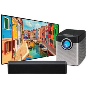 720p Projector with Screen and Bluetooth Soundbar