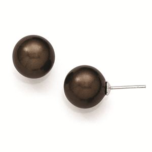 Sterling Silver Majestik 12-13mm Round Brown Shell Bead Stud Earrings
