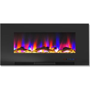 42 In. Wall-Mount Electric Fireplace in Black with Multi-Color Flames and Driftwood Log Display