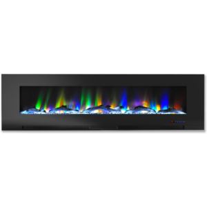 60 In. Wall-Mount Electric Fireplace in Black with Multi-Color Flames and Driftwood Log Display
