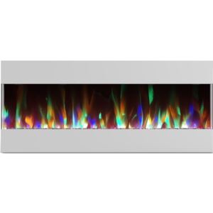 50 In. Recessed Wall Mounted Electric Fireplace with Crystal and LED Color Changing Display, White