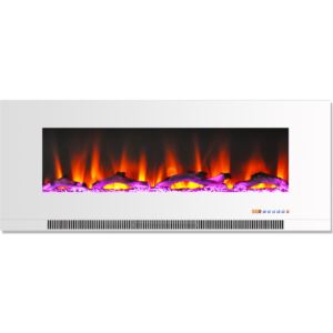 50 In. Wall-Mount Electric Fireplace in White with Multi-Color Flames and Driftwood Log Display