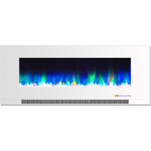 50 In. Wall-Mount Electric Fireplace in White with Multi-Color Flames and Crystal Rock Display