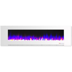 72 In. Wall-Mount Electric Fireplace in White with Multi-Color Flames and Crystal Rock Display