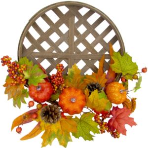 22-inch Fall Harvest Wreath Door Hanging with Pumpkins and Pine Cones in a Classic Tobacco Basket