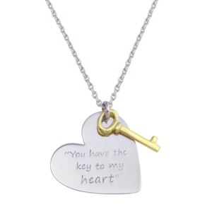 PARIKHS Rhodium Plated Heart with Gold Key Necklace in 925 Sterling Silver
