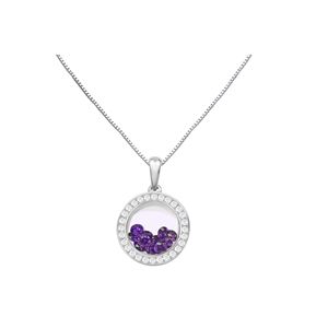 Round Pendant floating Violet Cubic Zirconia inside with white CZ border - Sterling Silver