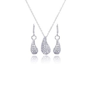 PARIKHS Rhodium Plated Eggplant Teardrop CZ Necklace-Dangling Earring Set in 925 Sterling Silver