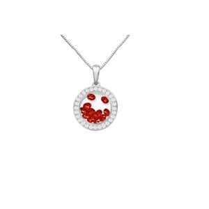 Round Pendant floating Red Cubic Zirconia inside with white CZ border - Sterling Silver