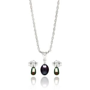 PARIKHS Small Fresh Water Black Pearl Necklace-Dangling Earring Set in 925 Sterling Silver