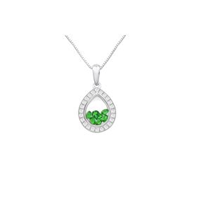 Pear Pendant floating Green Cubic Zirconia inside with white CZ border - Sterling Silver