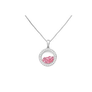 Round Pendant floating Pink Cubic Zirconia inside with white CZ border - Sterling Silver
