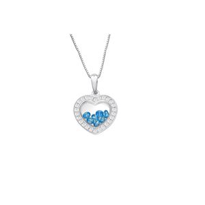 Heart Pendant floating Blue Cubic Zirconia inside with white CZ border - Sterling Silver