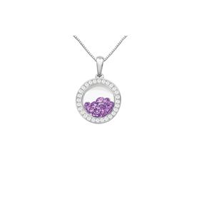 Round Pendant floating Purple Cubic Zirconia inside with white CZ border - Sterling Silver