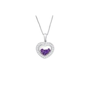 Heart Pendant floating Violet Cubic Zirconia inside with white CZ border - Sterling Silver