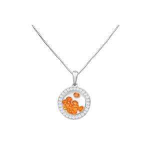Round Pendant floating Orange Cubic Zirconia inside with white CZ border - Sterling Silver