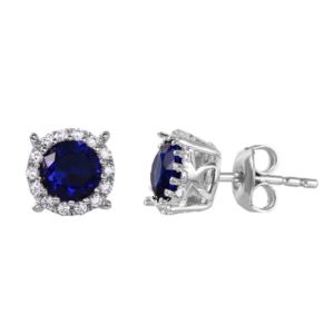 PARIKHS Rhodium Plated Halo Studs with Blue CZ Stone in 925 Sterling Silver