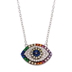 PARIKHS Rhodium Plated Rainbow Multi Color CZ Eye Necklace in 925 Sterling Silver