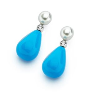 PARIKHS Rhodium Plated Teardrop Turquoise CZ Dangling Stud Earring in 925 Sterling Silver