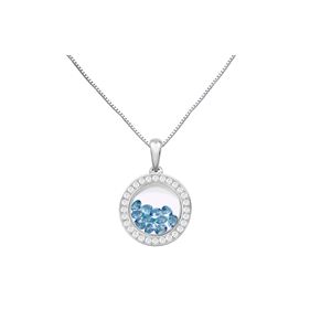 Round Pendant floating Light Blue Cubic Zirconia inside with white CZ border - Sterling Silver