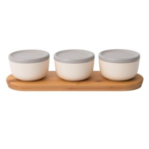 Leo 6pc Covered Bowl Set w/ Bamboo Tray, White