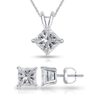 Bright White Pristine Princess cut Lab Grown Diamond Screwback Set in 14K White Gold 2.60ct, GH, VS