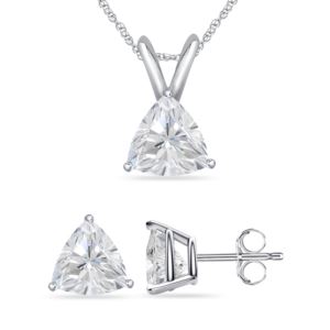 Bright White Pinnacle Trillion Lab Grown Diamond Pendant-Stud Set, 14K White Gold 2.50ct, GH, VVS