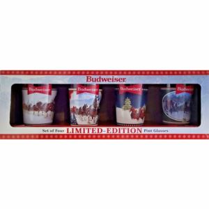 Budweiser Holiday Gifting Set of 4 Clydesdales Glasses 16oz. Christmas Limited Edition