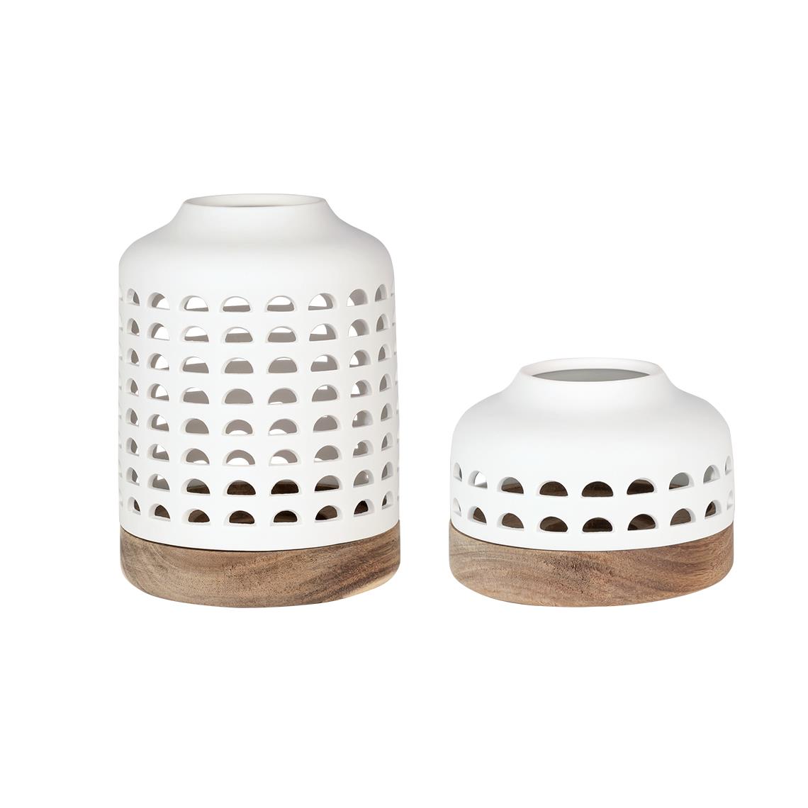 Porcelain and Acacia Wood Lantern Set  2 Pieces