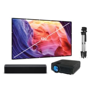 Projector Bundle - Projector w/ Bluetooth," 120" Projection Screen","15" Speaker Bar & Tripod