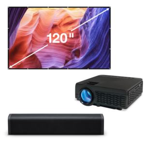 Projector Bundle - Projector w/ Bluetooth," 120" Projection Screen & 15" Bluetooth Speaker Sound Bar