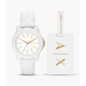 Armani Exchange Three-Hand White Silicone Watch and Luggage Tag Gift Set